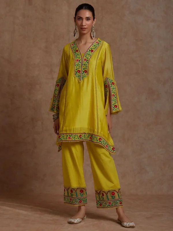 Yellow Embroidered Chanderi Kurta with Pants - Image 2